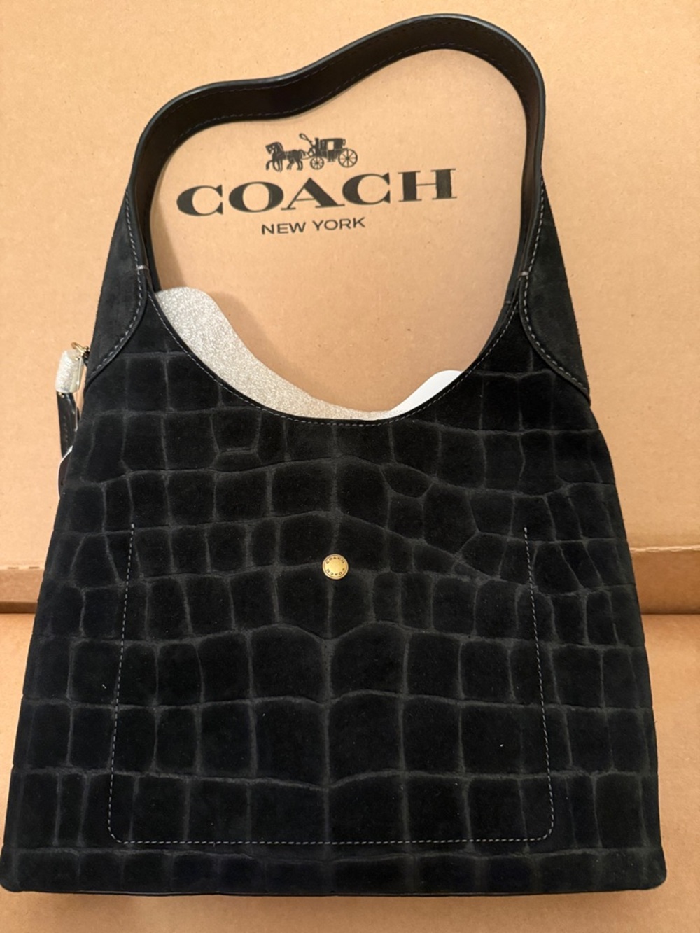 🖤 Coach NWT Black Suede Crocodile Embossed Coach Brooklyn Shoulder Bag - Picture 4 of 6